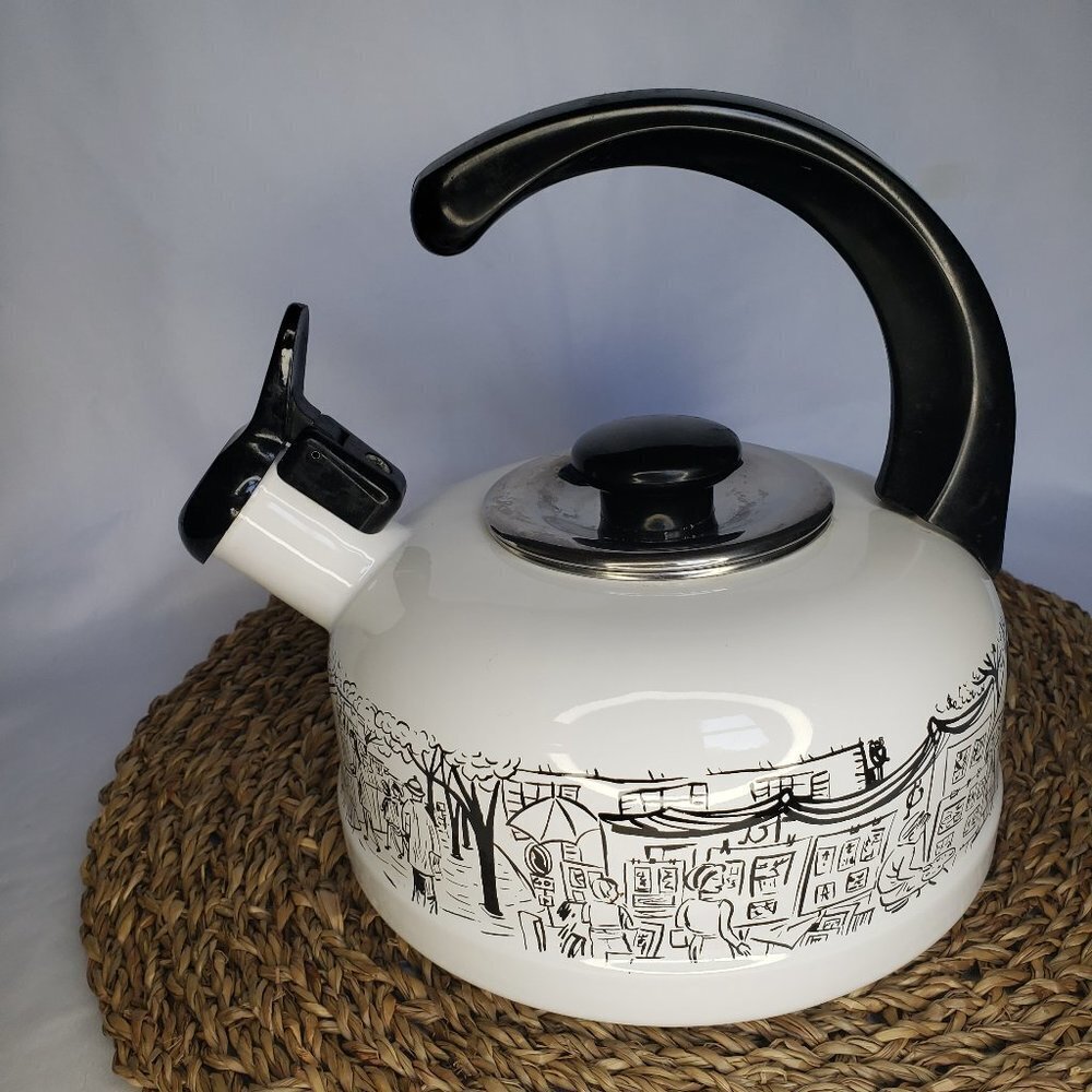 Mikasa Parisian Scenes Whistling Tea Kettle Pot Enameled White Black
